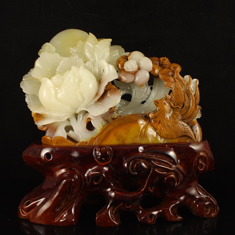 Superb Chinese Natural Jade Statue - Magpie & Peony (1 of 7)