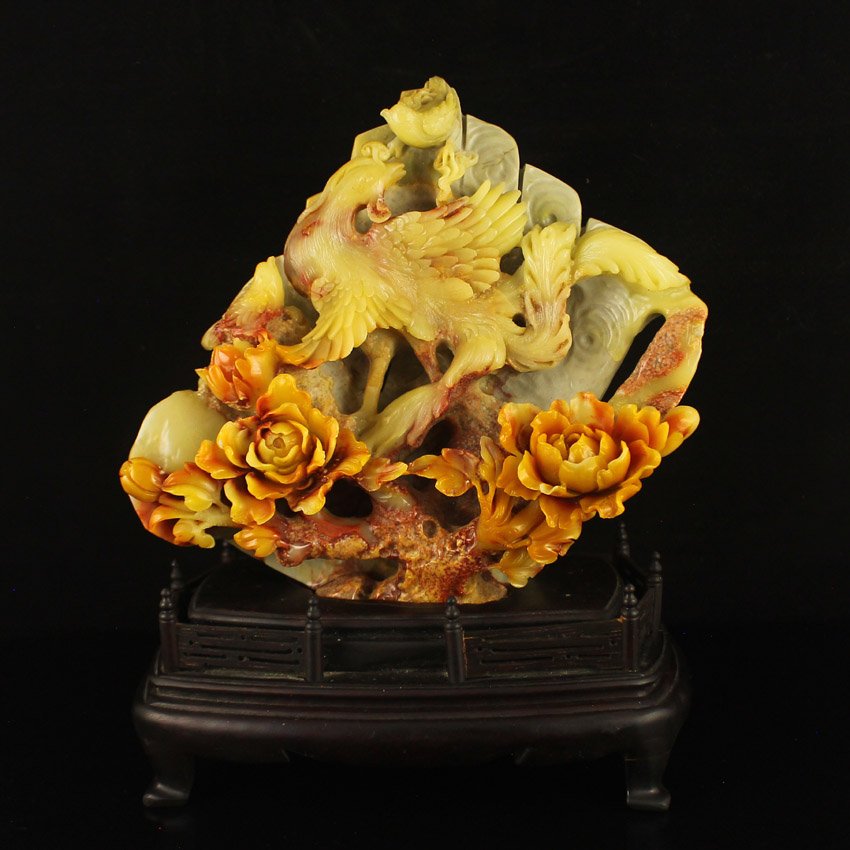 Chinese Natural Shoushan Stone Statue - Phoenix & Peony (1 of 8)