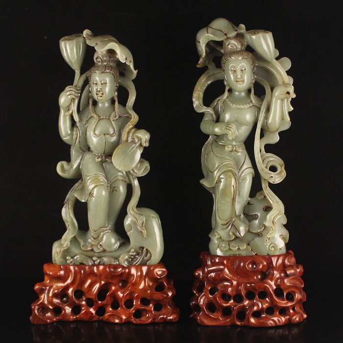 Chinese Hetian Jade Statue - Two Lotus Flower Deities (1 of 8)