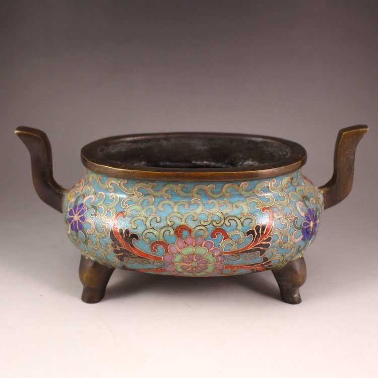 Chinese Bronze Cloisonne Double Ears Incense Burner (1 of 7)