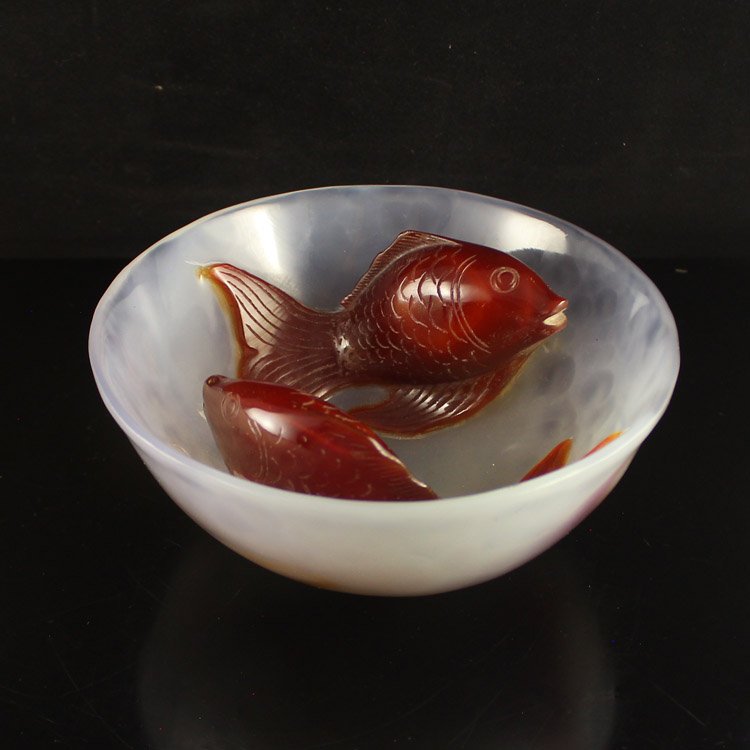 Chinese Natural Agate Bowl Carved Fortune Fish (1 of 6)