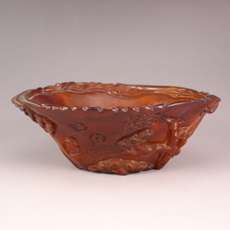 Superb Chinese Ox Horn Bowl Carved Crane & Pine Tree (1 of 8)