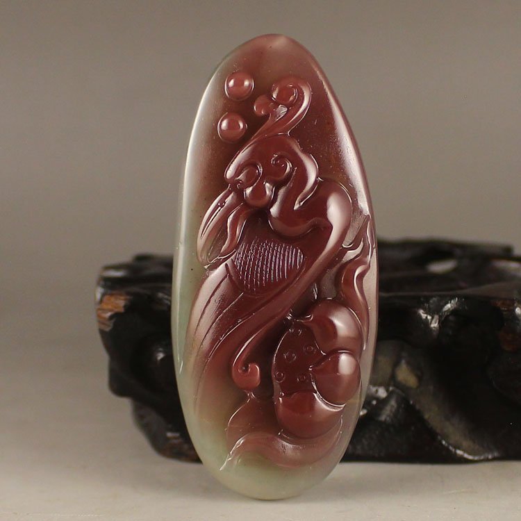 Chinese Natural Agate Pendant - Crane & Lotus (1 of 6)