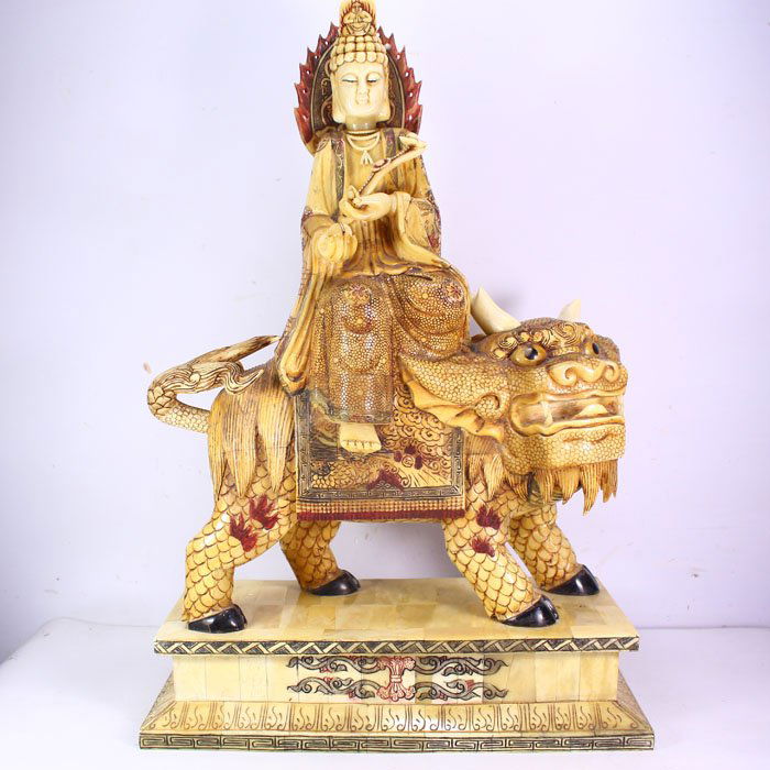 Hand-carved Chinese Bone Statue - Bodhisattva & Lion: Hand-carved Chinese Bone Statue - Bodhisattva & LionDetails:375*180*620(mm)14.76*7.09*24.41(in)Weight 18.53 lbs/8405 g Tips about bone sculpture Bone sculpture has a long history. The bone sculpture i