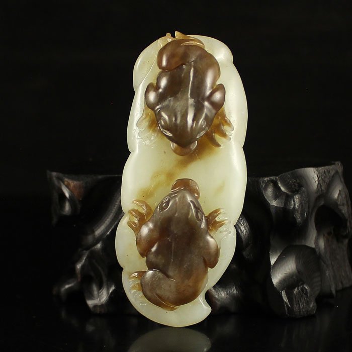 Chinese Natural Hetian Jade Pendant W Two Fortune Toads (1 of 6)