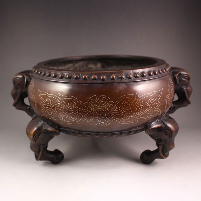 China Red Copper Inlay Silver Wire 3 Leg Incense Burner (1 of 9)