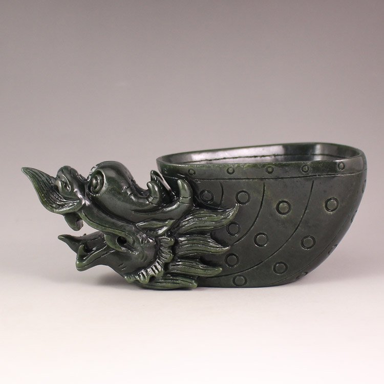 Chinese Natural Deep Green Hetian Jade Dragon Head Cup (1 of 8)