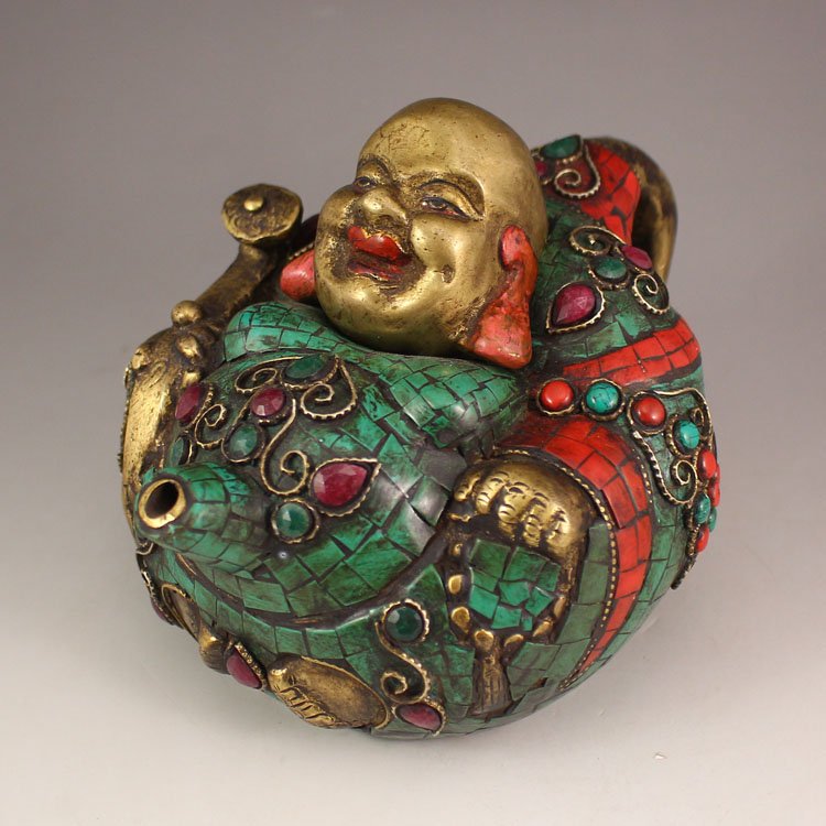 Chinese Tibet Brass Inlay Turquoise Coral Teapot (1 of 7)