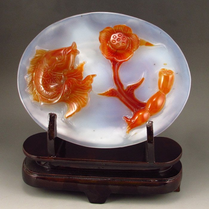 Chinese Natural Agate Plate Carved Fish & Lotus Root (1 of 6)