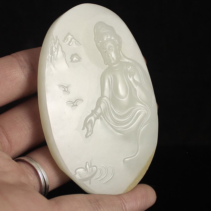 Chinese Natural White Hetian Jade Pendant - Kwan-yin (1 of 6)