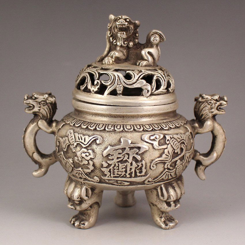 Chinese White Copper 3 Legs Incense Burner w Lion Lid (1 of 7)