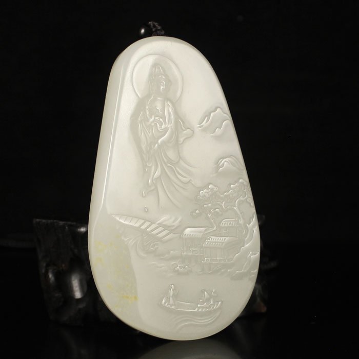 Chinese Hetian Jade Pendant -Kwan-yin & Village Scenery: Chinese Natural Hetian Jade Pendant - Kwan-yin & Village Scenery Free Certificate Dimension:84*50*9(mm)3.31*1.97*0.35(in)Weight 0.21 lbs/97 g Tips about Chinese Hetian Nephrite Jade Hetian jade is a n