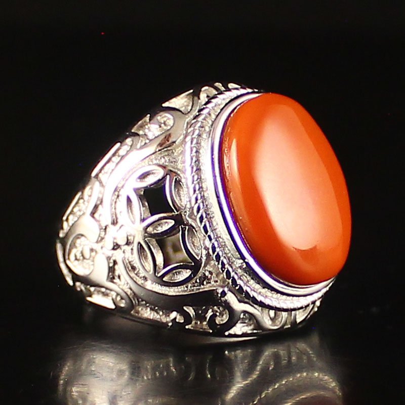 925 Silver Inlay Chinese Natural Nanhong Agate Ring (1 of 6)