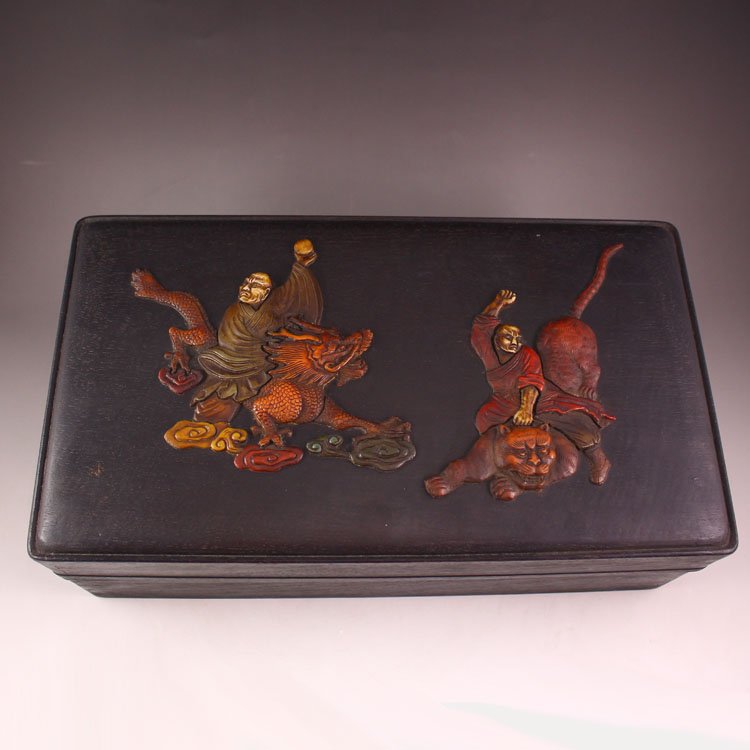 Chinese Zitian Wood Inlay Bone & Jade Sutra Book Box: Chinese Zitian Wood Inlay Bone & Jade Sutra Book Box w Buddhist Arhat Dimension: 315*175*105(mm) 12.40*6.89*4.13(in) Weight 3.61 lbs/1636 g Tips for wood art craft The wood sculpture is popular for co