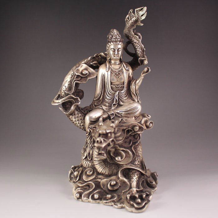 Chinese White Copper Statue - Kwan-yin & Dragon (1 of 9)