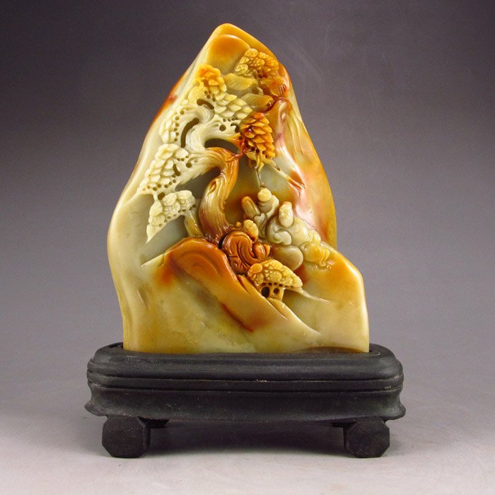 Chinese Natural Shoushan Stone Statue w Man & Pine Tree (1 of 5)