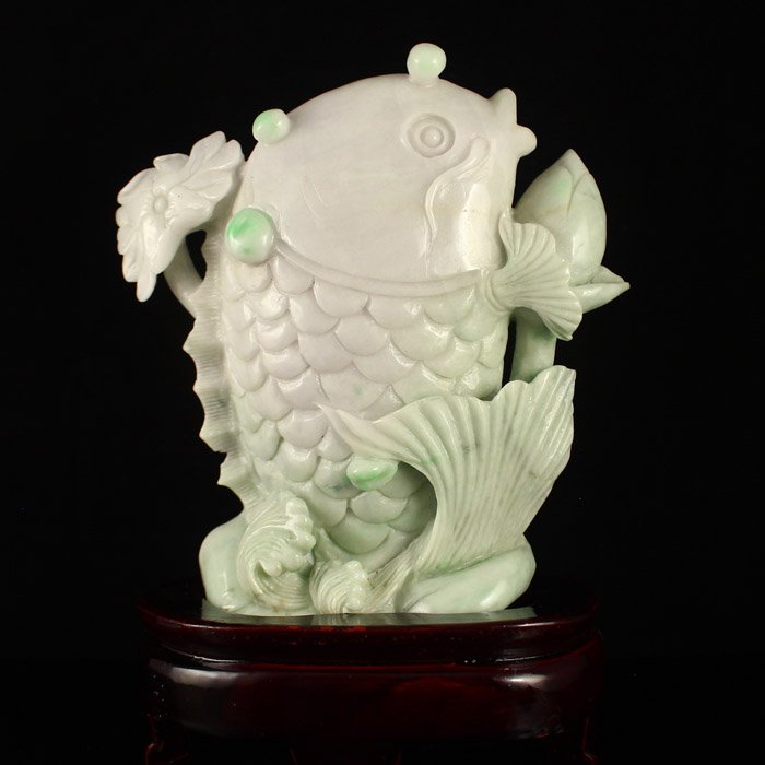 Natural Jadeite Statue - Carp & Lotus: Natural Jadeite Statue - Carp & Lotus Dimension: 160*150*35(mm)6.30*5.91*1.38(in) Weight 2.10 lbs/952 g Tips about Jadeite Jade Jadeite generally occurs in metamorphic rocks with a higher-pressure ori