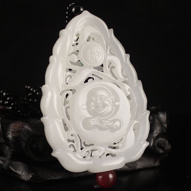 Chinese Natural Hetian Jade Pendant - Laughing Buddha (1 of 6)
