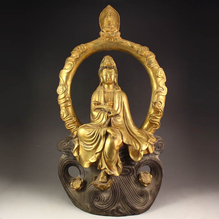 Chinese Bronze Gold-plating Ruyi Kwan-yin Statue (1 of 8)