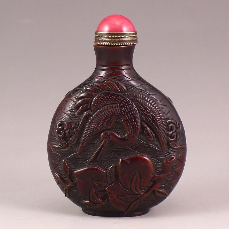 Chinese Ox Horn Snuff Bottle Carved Crane & Peachs (1 of 7)