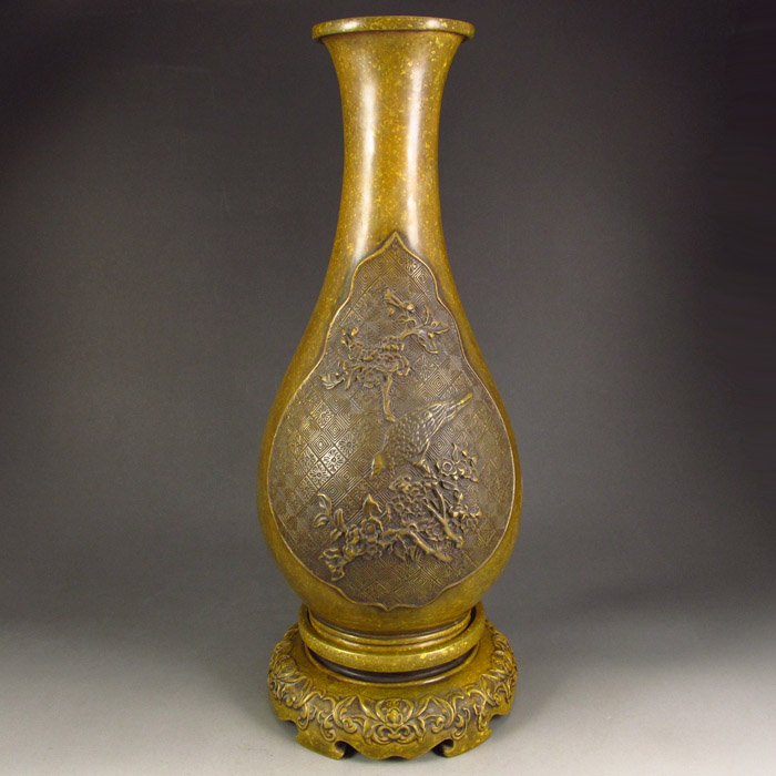 Chinese Brass Vase w Magpies & Plum Flower (1 of 6)