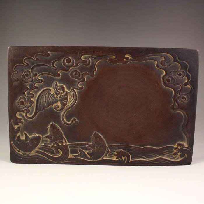 Chinese Duan Inkstone Carved Fortune Fish & Bat: Chinese Duan Inkstone Carved Fortune Fish & Bat Dimension:202*128*29(mm)7.95*5.04*1.14(in)Weight 4.35 lbs/1974 g