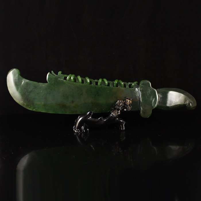 Chinese Green Hetian Jade Carved Nine Rings Sword (1 of 7)