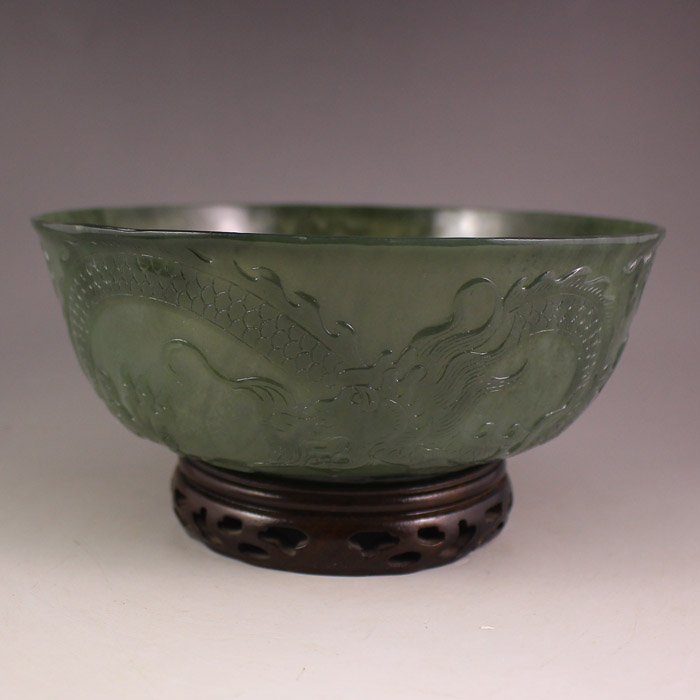 Chinese Deep Green Hetian Jade Bowl - Dragon& Fire Ball (1 of 9)