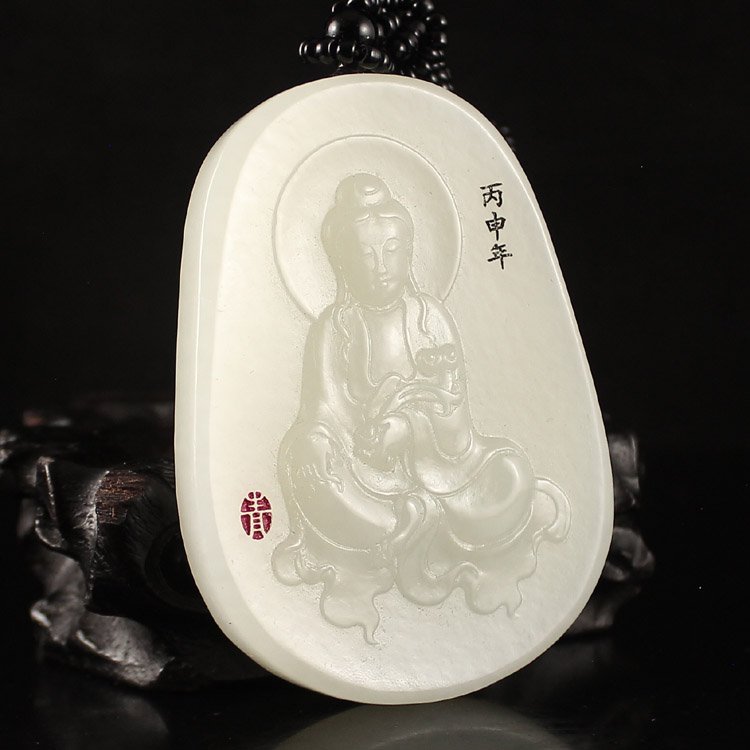 Chinese Natural White Hetian Jade Pendant - Kwan-yin (1 of 6)