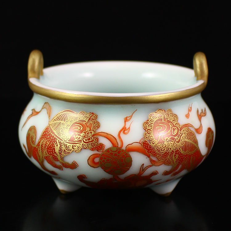 China Gilt Gold Iron Red Glaze Porcelain Incense Burner (1 of 6)