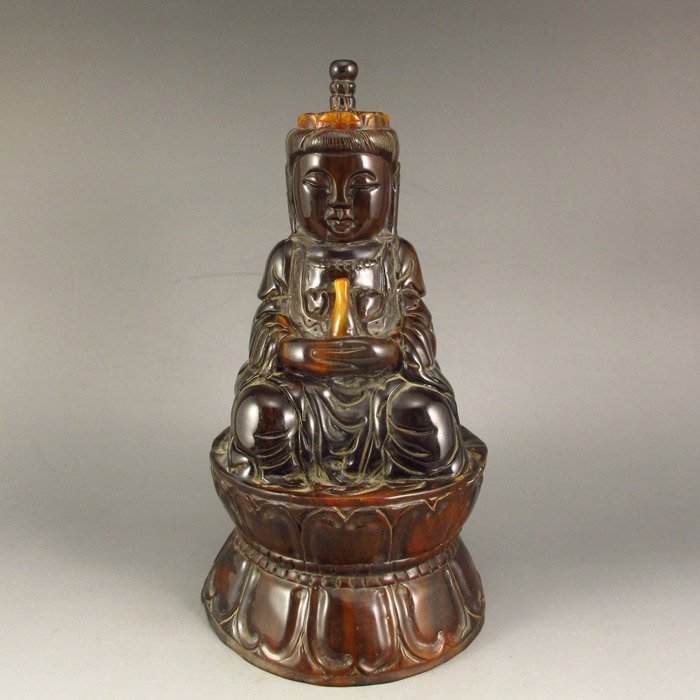 Hand Carved Chinese Ox Horn Jingping Kwan-yin Statue (1 of 8)