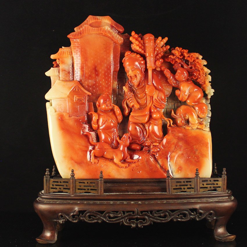 Chinese Natural Shoushan Stone Statue - Old Men & Kids (1 of 8)