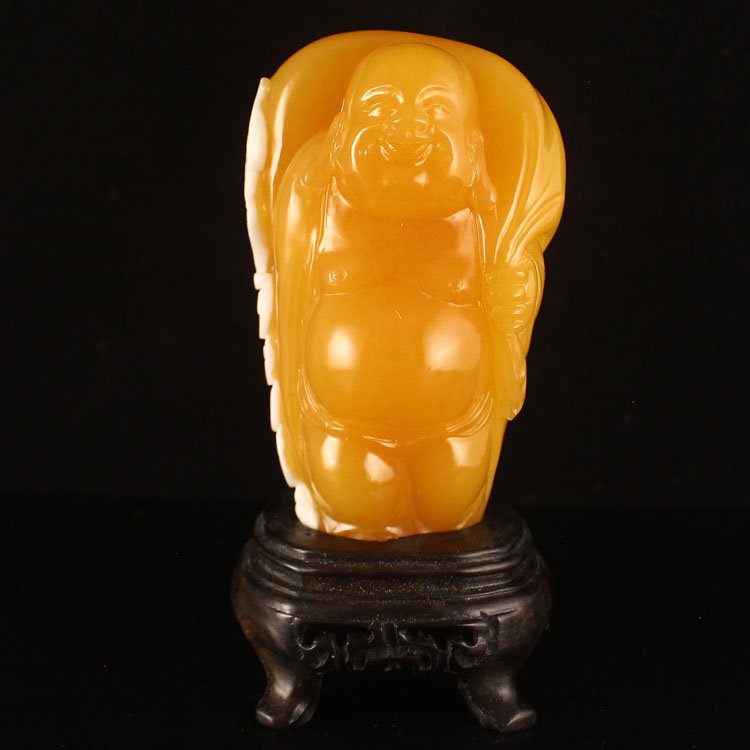 Indonesia Jin Tian Huang Statue - Laughing Buddha: Beautiful Color Hand Carved Natural Indonesia Jin Tian Huang Statue - Laughing Buddha Dimension:115*70*40(mm) 4.53*2.76*1.57(in) Weight 0.95 lbs/429 g Jin Tian Huang from Indonesia and Java Sun Xi, th