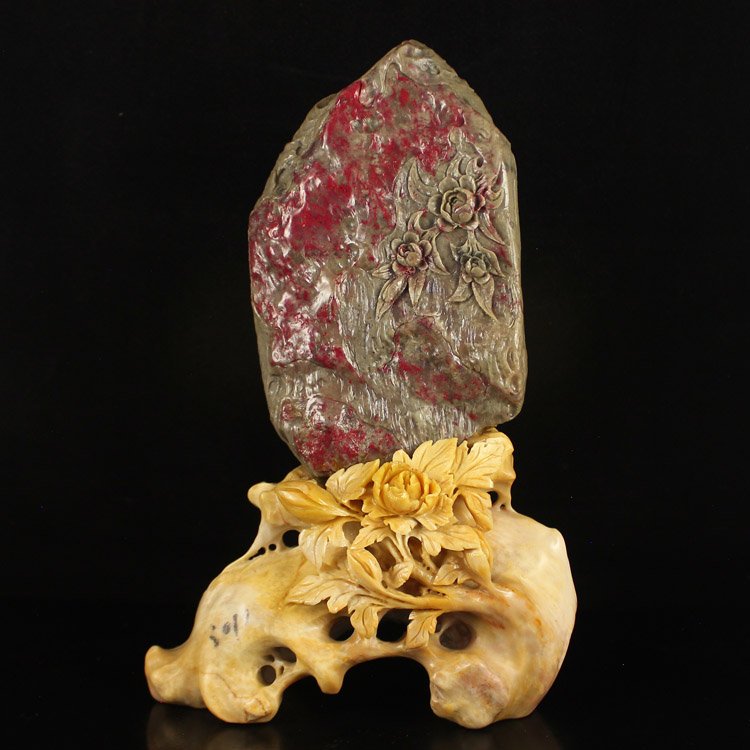 Chinese Natural Chicken Bloodstone Statue w Flower (1 of 6)