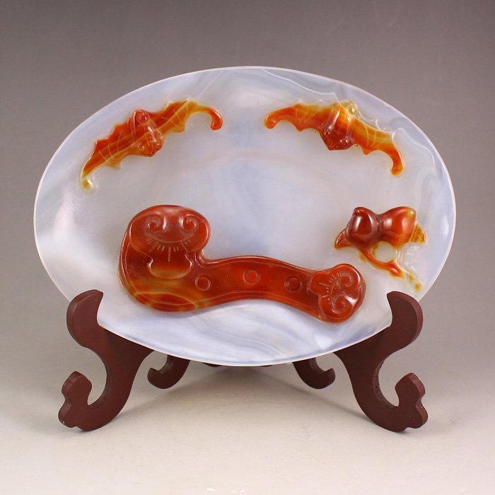 Superb Chinese Natural Agate Plate w Ruyi Bat & Peach (1 of 7)