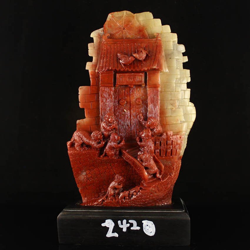 Superb Chinese Shoushan Stone Statue - Monkeys & Magpie (1 of 8)