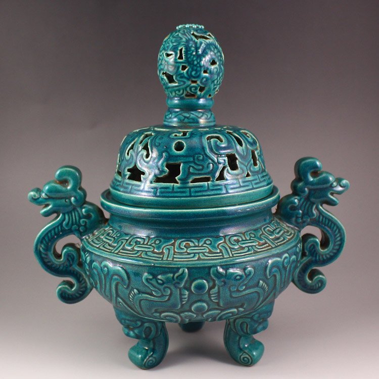 Chinese Blue Glaze Porcelain 3 Legs Incense Burner (1 of 7)