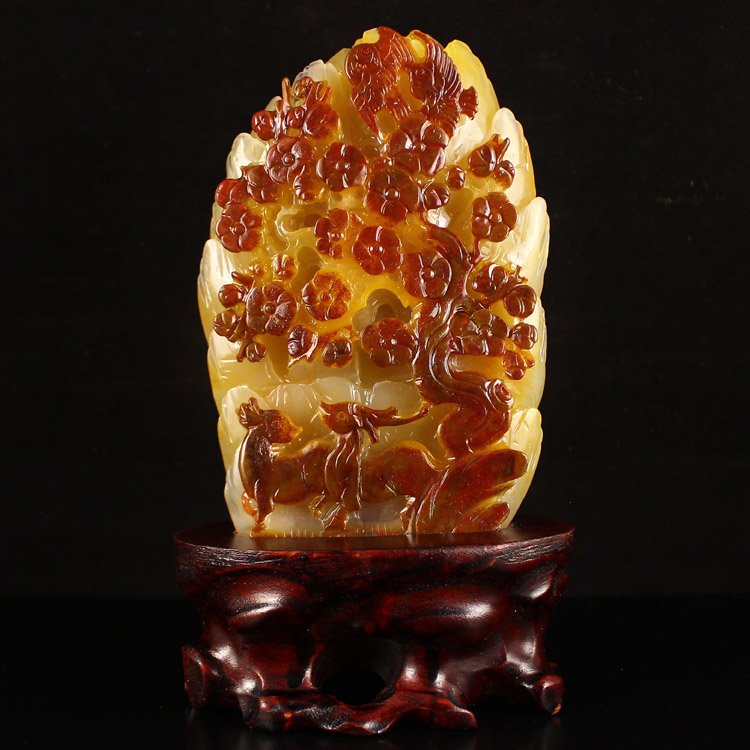 Superb Chinese Jade Statue - Magpie Plum Flower & Sheep (1 of 7)