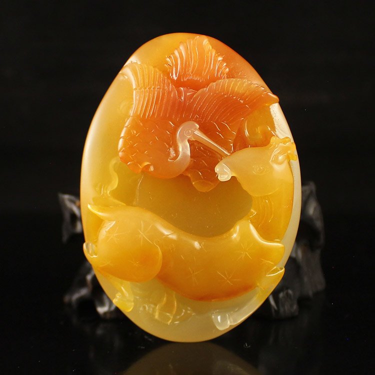 Hand Carved Chinese Natural Jade Pendant - Deer & Crane (1 of 6)