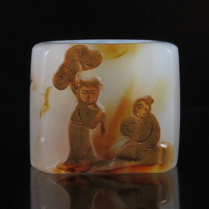 Chinese Natural Agate Ring Carved Two Fortune Childs (1 of 6)