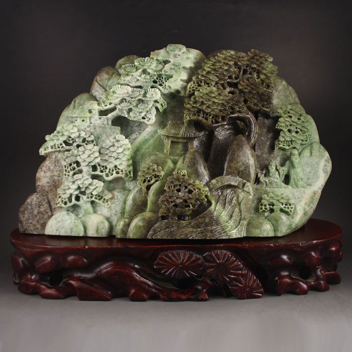 Chinese Natural Dushan Jade Statue - Sages & Pine Tree (1 of 6)