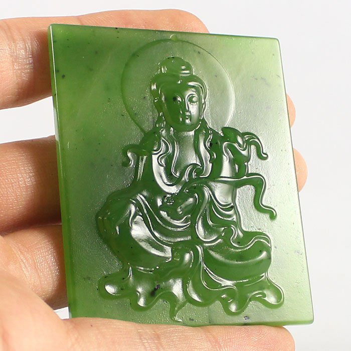 Chinese Green Hetian Jade Pendant w Lotus Kwan-yin (1 of 6)