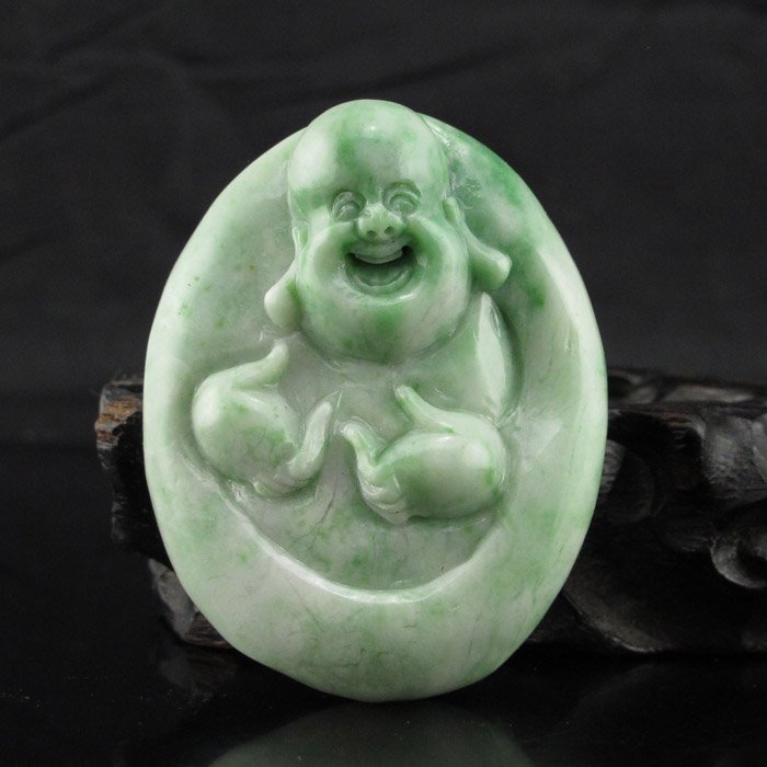 Chinese Natural Dushan Jade Pendant - Laughing Buddha (1 of 6)