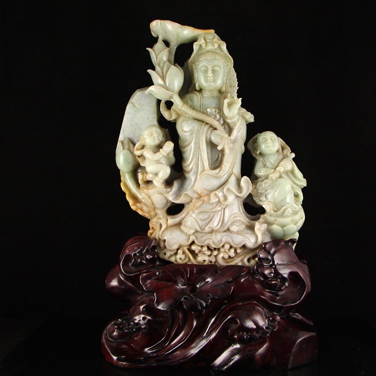 Vintage Natural Jadeite Statue -  Lotus Tongzi Kwan-yin (1 of 7)