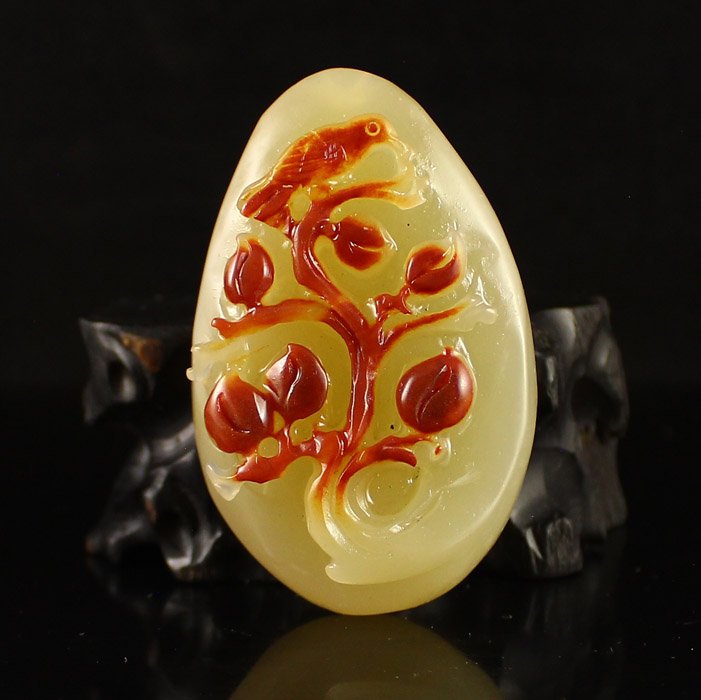 Chinese Natural Jade Pendant - Bird & Peach (1 of 6)