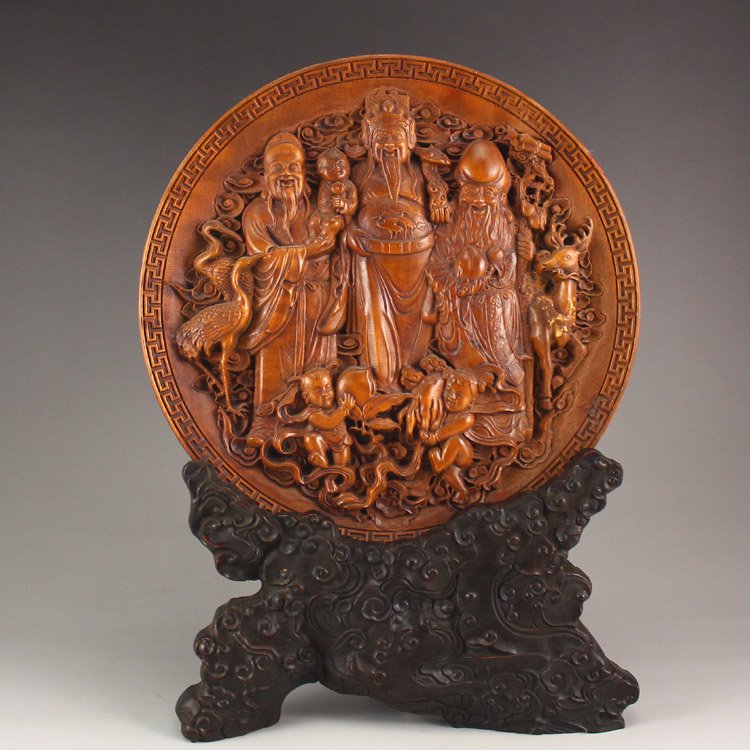 Hand Carved Chinese Boxwood Fukurokuju Screen: Hand Carved Chinese Boxwood Fukurokuju Screen w Black Sanders Base Dimension: 166*166*12(mm) 6.54*6.54*0.47(in) Weight 0.34 lbs/154 g The world there is Shen Tan, sandalwood, green Tan, ebony, rosewoo