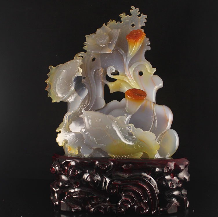 Superb Chinese Natural Agate Statue - Carp & Lotus (1 of 6)