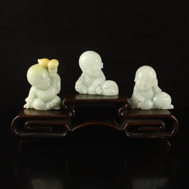 Natural Jadeite Three Fortune Kids Statue (1 of 9)