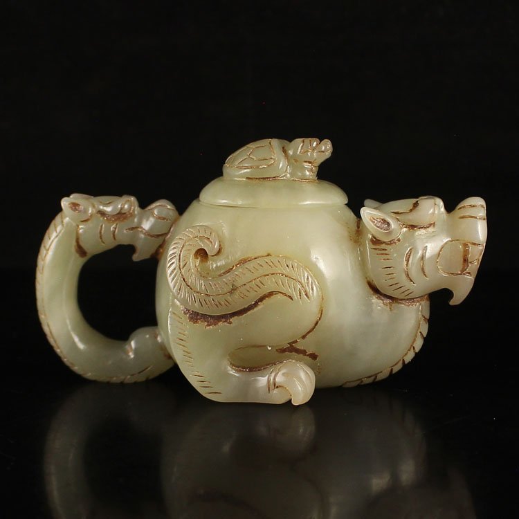Chinese Natural Hetian Jade Beast Head Teapot (1 of 7)