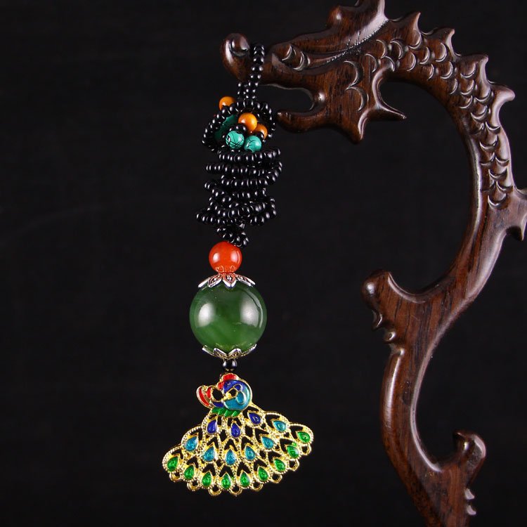 Chinese Green Hetian Jade & Cloisonne Peacock Pendant (1 of 6)